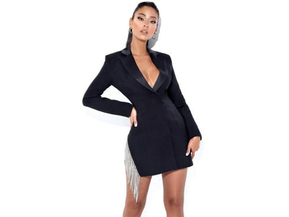 Mini Blazer Φόρεμα με Κρόσσια Strass