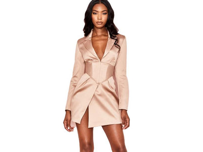 Mini Blazer Φόρεμα σε Σατέν Nude με Κορσέ