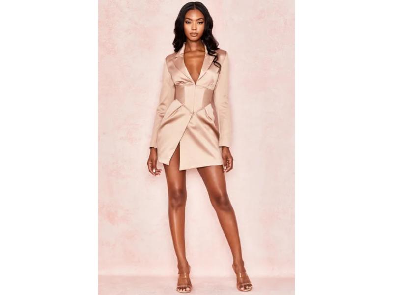 Mini Blazer Φόρεμα σε Σατέν Nude με Κορσέ