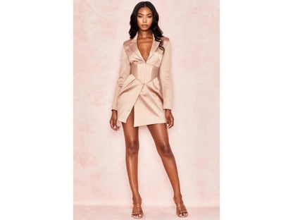 Mini Blazer Φόρεμα σε Σατέν Nude με Κορσέ