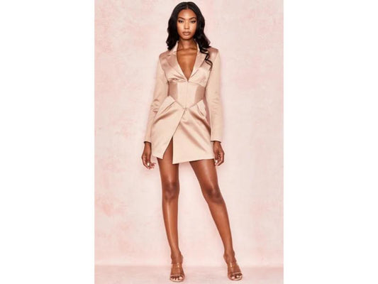 Mini Blazer Φόρεμα σε Σατέν Nude με Κορσέ