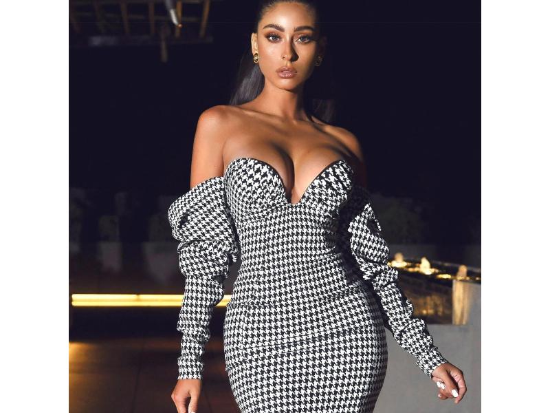 Mini Φόρεμα Off-Shoulder με Καρό Houndstooth