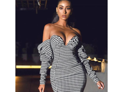 Mini Φόρεμα Off-Shoulder με Καρό Houndstooth