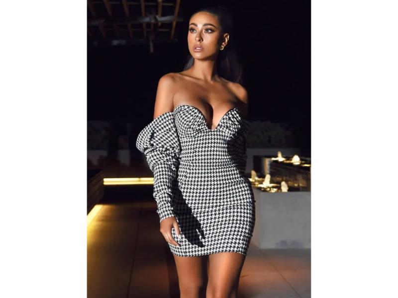 Mini Φόρεμα Off-Shoulder με Καρό Houndstooth