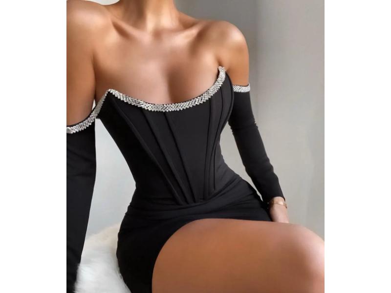 Μαύρο Off-Shoulder Μίνι Φόρεμα με Rhinestones