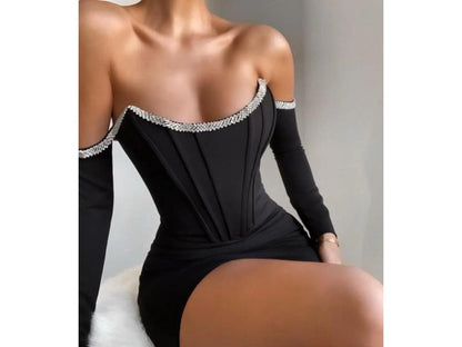 Μαύρο Off-Shoulder Μίνι Φόρεμα με Rhinestones