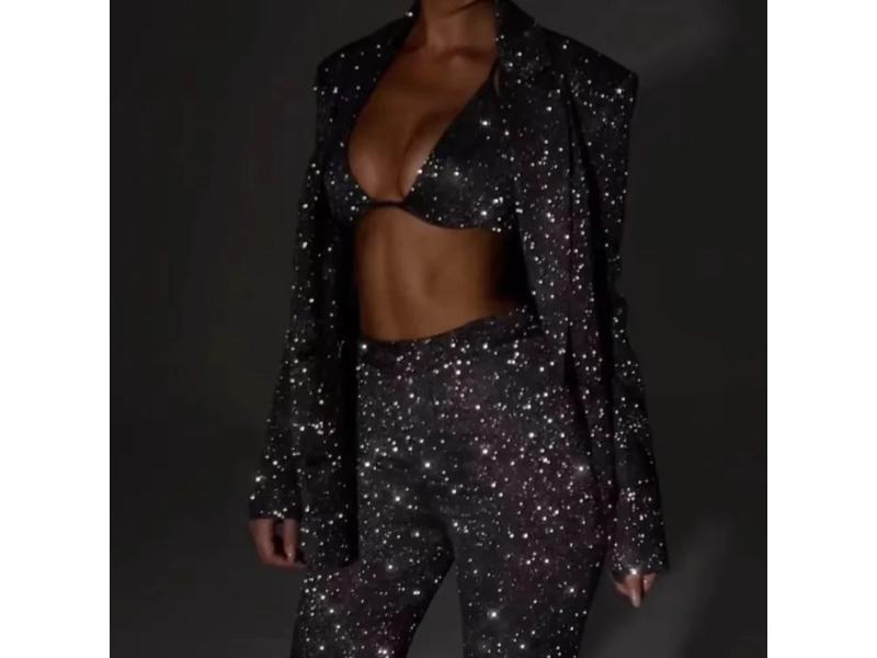 Γυναικείο Σετ Σακάκι-Τοπ-Παντελόνι με Γκλίτερ