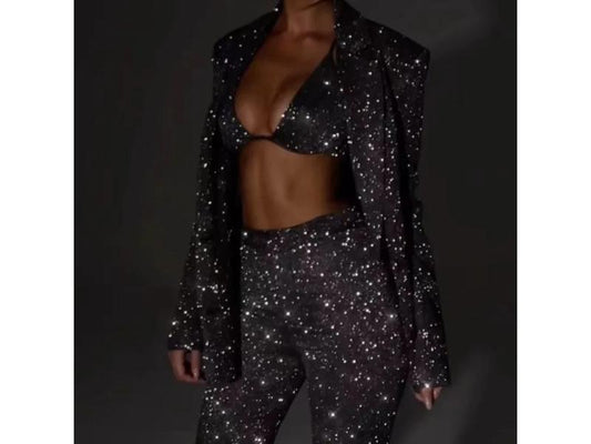 Γυναικείο Σετ Σακάκι-Τοπ-Παντελόνι με Γκλίτερ