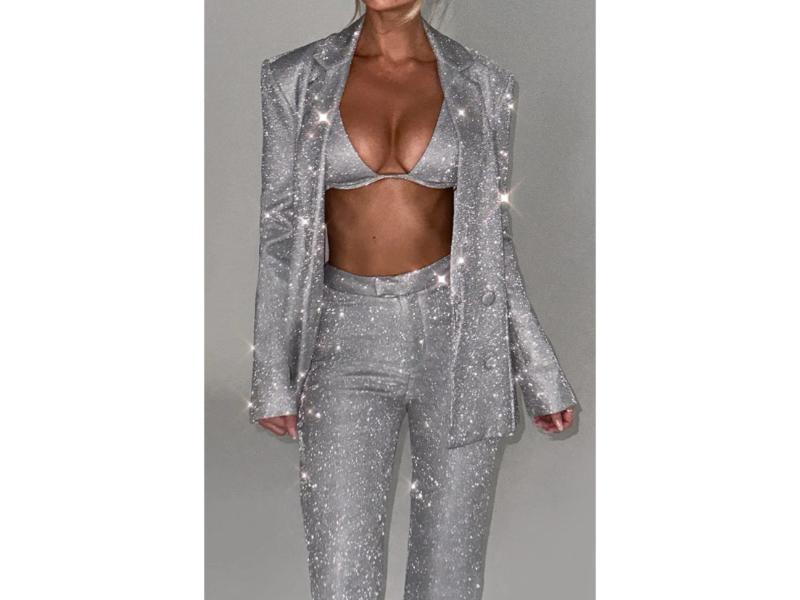 Ασημί Σετ Σακάκι-Τοπ-Παντελόνι με Γκλίτερ