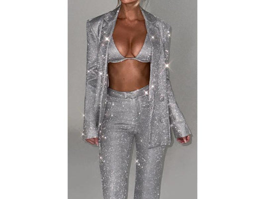Ασημί Σετ Σακάκι-Τοπ-Παντελόνι με Γκλίτερ