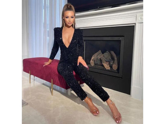 Μαύρη Ολόσωμη Φόρμα με Παγιέτες και Βαθύ Ντεκολτέ