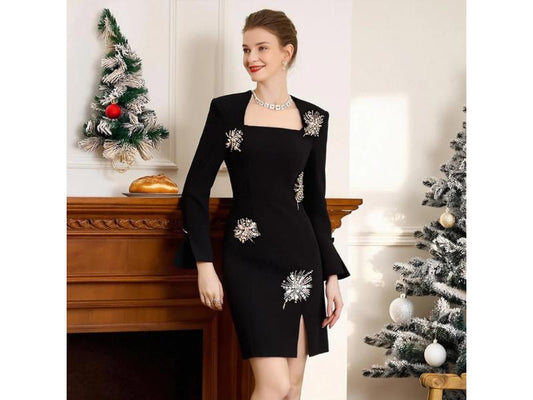 Μαύρο Κοντό Φόρεμα με Μακριά Μανίκια και Strass