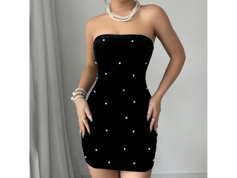 Κοντό Strapless Φόρεμα με Πέρλες