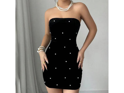 Κοντό Strapless Φόρεμα με Πέρλες