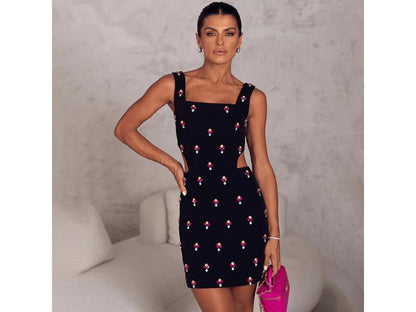 Κοντό Φόρεμα με Γυάλινες Φλοράλ Διακοσμήσεις και Cut-Out