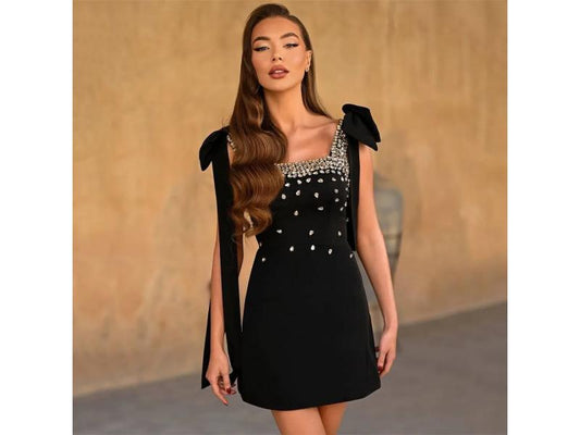Μίνι Φόρεμα με Γυάλινες Πέτρες και Φιόγκους στους Ώμους