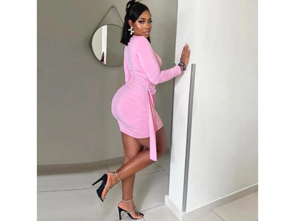 Mini Φόρεμα με Δραπέ Σχέδιο και Μακριές Δέσεις