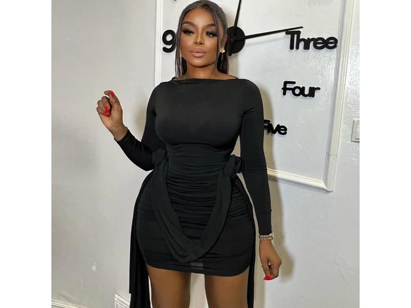 Mini Φόρεμα με Δραπέ Σχέδιο και Μακριές Δέσεις