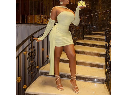 Mini Strapless Φόρεμα με Μακριά Γάντια και Δέσεις