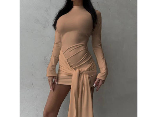 Mini Φόρεμα Μακρυμάνικο με Ντραπέ και Δέσιμο