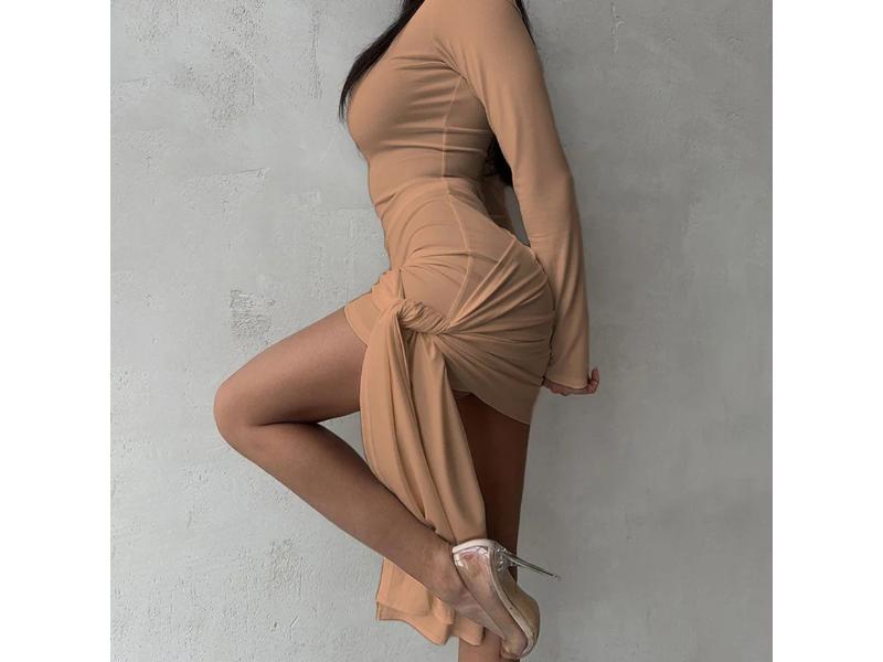 Mini Φόρεμα Μακρυμάνικο με Ντραπέ και Δέσιμο