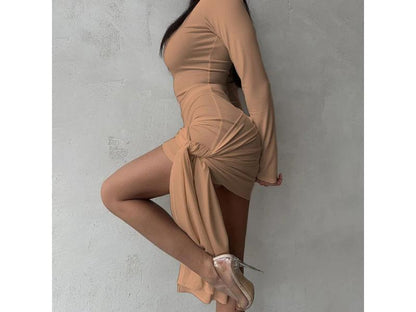 Mini Φόρεμα Μακρυμάνικο με Ντραπέ και Δέσιμο