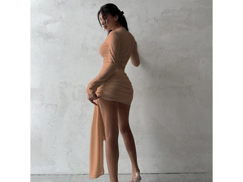 Mini Φόρεμα Μακρυμάνικο με Ντραπέ και Δέσιμο