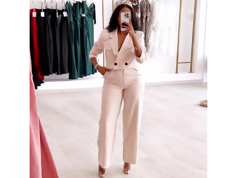 Σετ Κρεμ Blazer με Παντελόνι Ψηλόμεσο