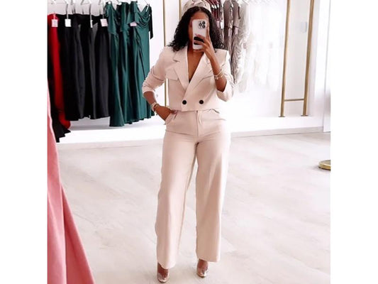 Σετ Κρεμ Blazer με Παντελόνι Ψηλόμεσο