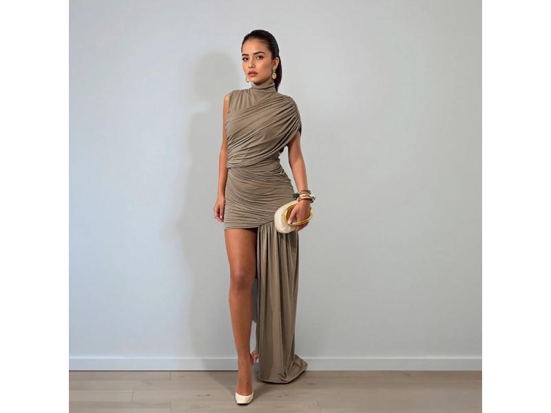 Mini Φόρεμα με Πλισέ Δέσιμο και Ασύμμετρο Πέπλο