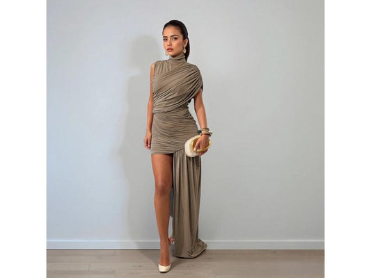 Mini Φόρεμα με Πλισέ Δέσιμο και Ασύμμετρο Πέπλο