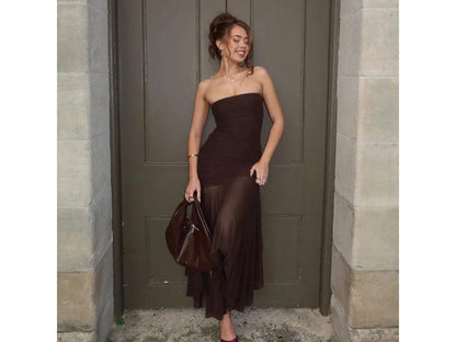 Καφέ Maxi Strapless Φόρεμα με Διάφανη Φούστα