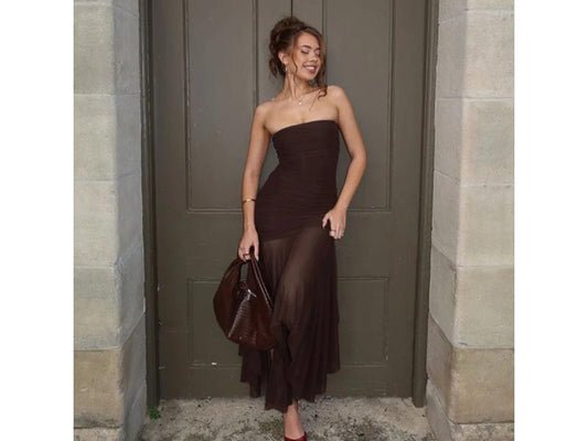 Καφέ Maxi Strapless Φόρεμα με Διάφανη Φούστα