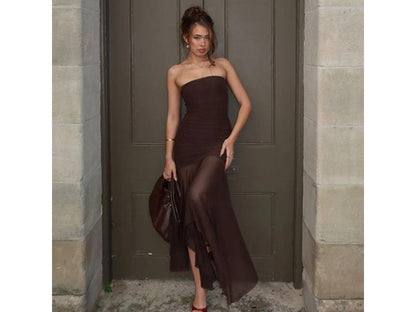 Καφέ Maxi Strapless Φόρεμα με Διάφανη Φούστα