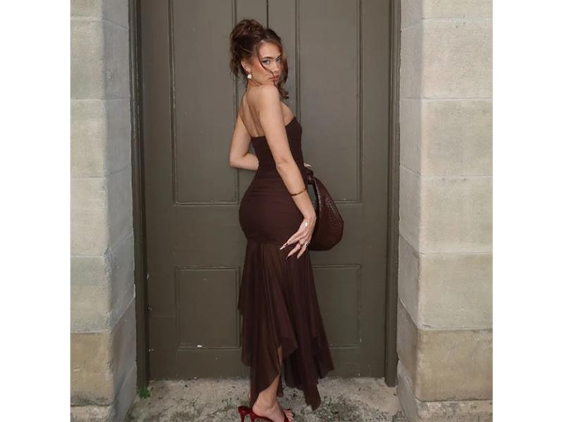 Καφέ Maxi Strapless Φόρεμα με Διάφανη Φούστα