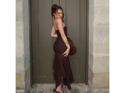 Καφέ Maxi Strapless Φόρεμα με Διάφανη Φούστα