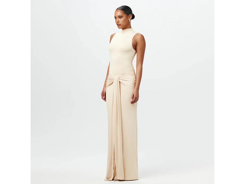 Maxi φόρεμα με δέσιμο στη μέση μπεζ