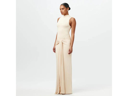 Maxi φόρεμα με δέσιμο στη μέση μπεζ
