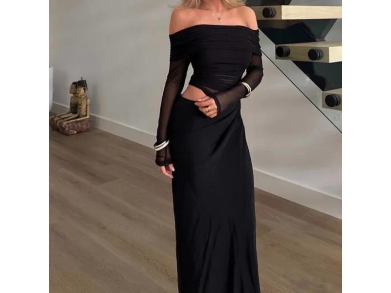 Maxi φόρεμα με διάφανο τούλι off shoulder μαύρο
