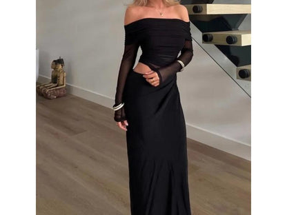 Maxi φόρεμα με διάφανο τούλι off shoulder μαύρο