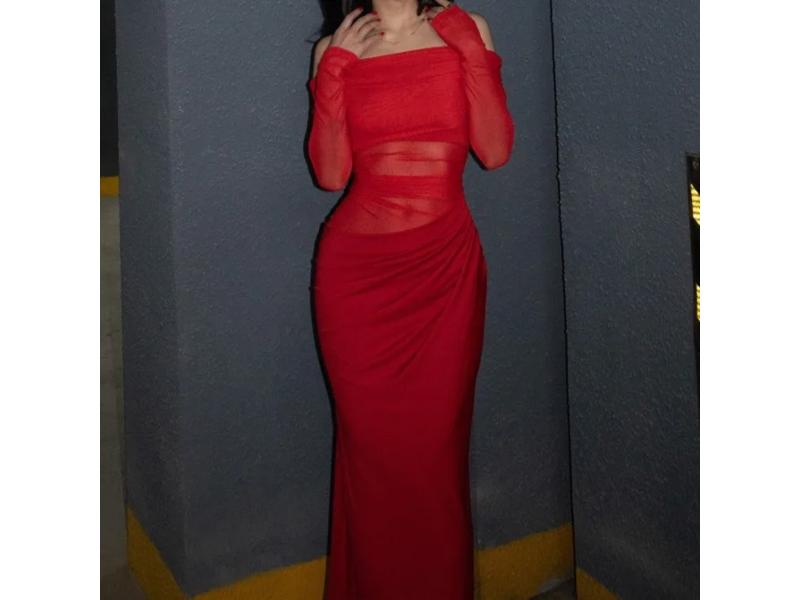 Maxi φόρεμα με διάφανο τούλι off shoulder κόκκινο