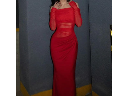 Maxi φόρεμα με διάφανο τούλι off shoulder κόκκινο