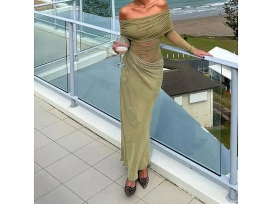Maxi φόρεμα με διάφανο τούλι off shoulder πράσινο