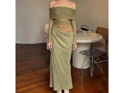 Maxi φόρεμα με διάφανο τούλι off shoulder πράσινο