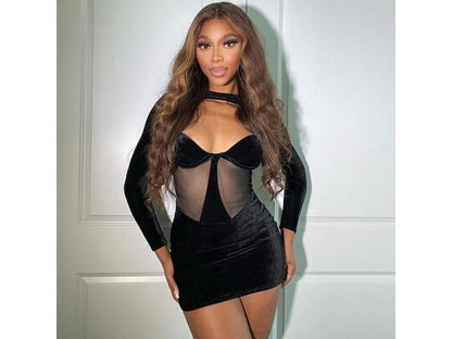 Mini Φόρεμα με Διάφανη Μέση και Μακριά Μανίκια Μαύρο