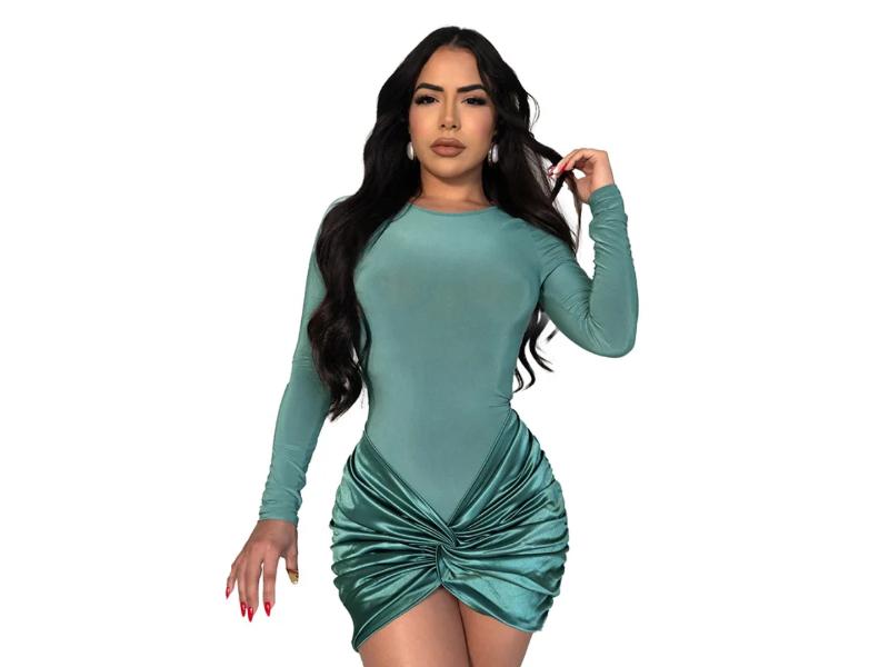 Mini Φόρεμα με Μακριά Μανίκια και Σατέν Δέσιμο Πράσινο