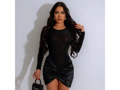 Mini Φόρεμα με Μακριά Μανίκια και Σατέν Δέσιμο Μαύρο