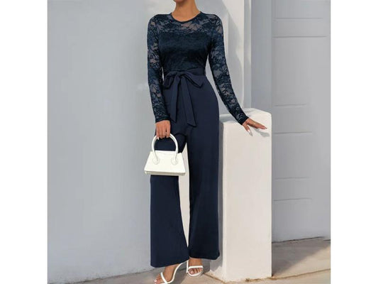 Ολόσωμη Δαντελωτή Φόρμα με Ζώνη Μπλε