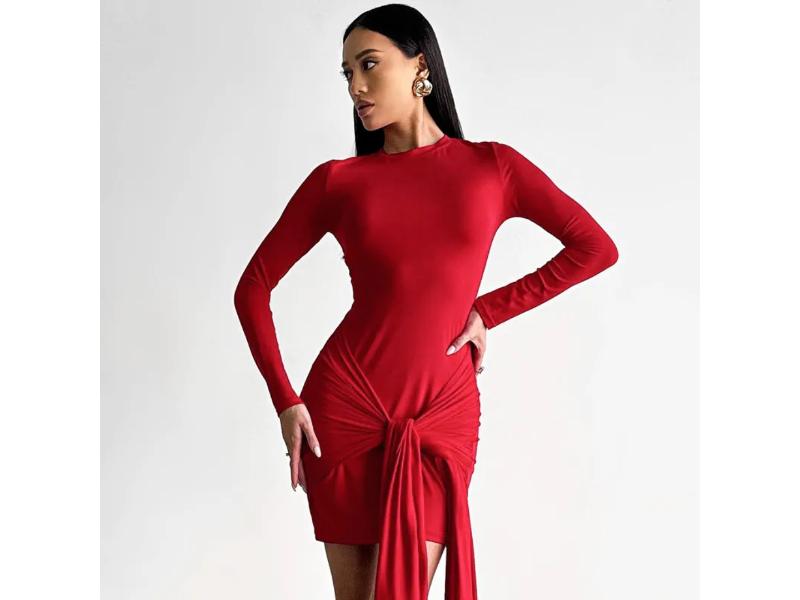 Mini Φόρεμα με Μακριά Μανίκια και Δέσιμο Μπροστά