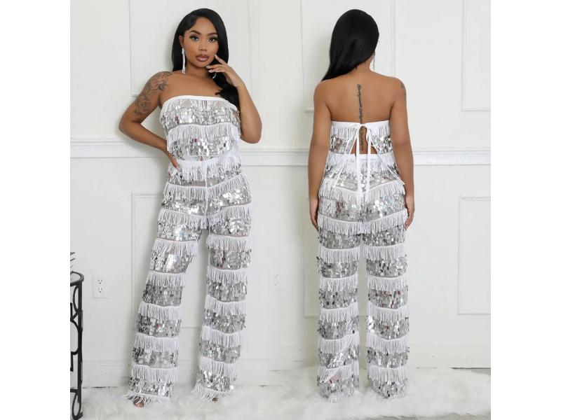 Ολόσωμη Φόρμα Strapless με Παγιέτες και Κρόσσια